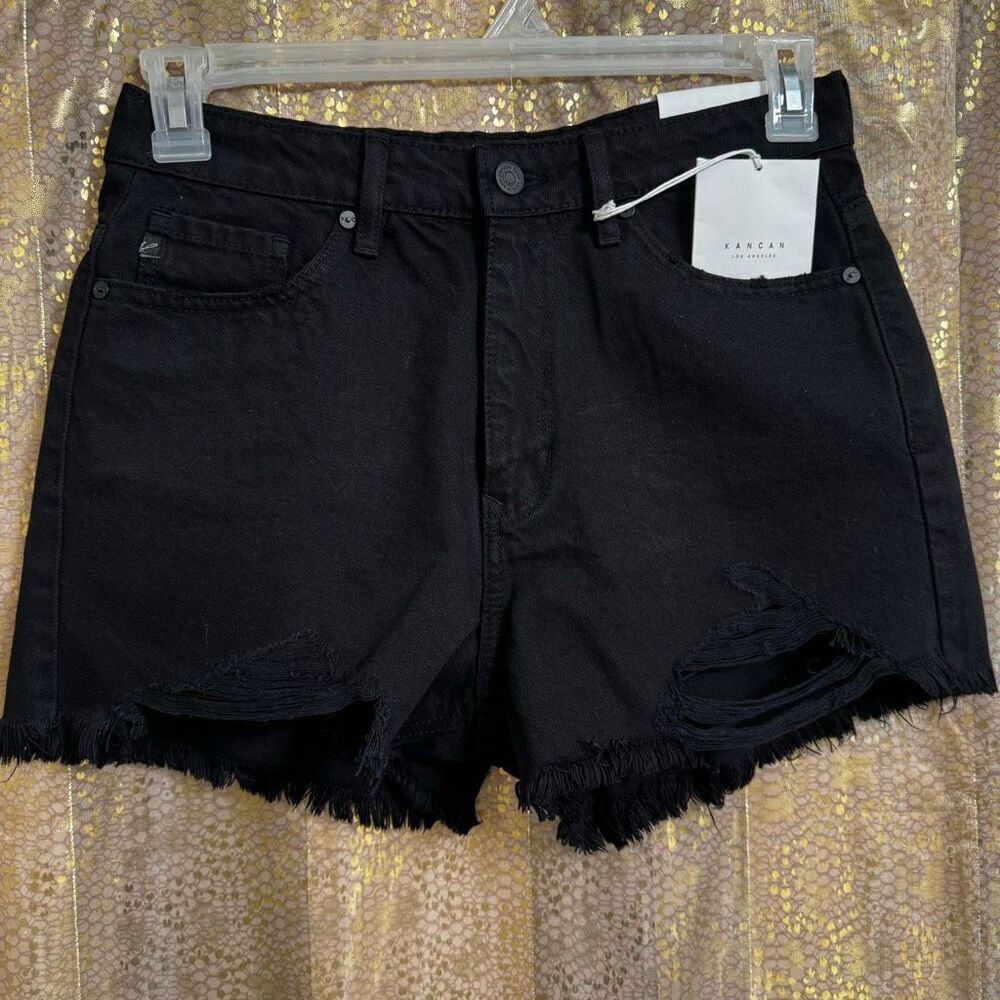 KanCan Black High Rise Distressed Cotton Shorts Women's Medium NWT